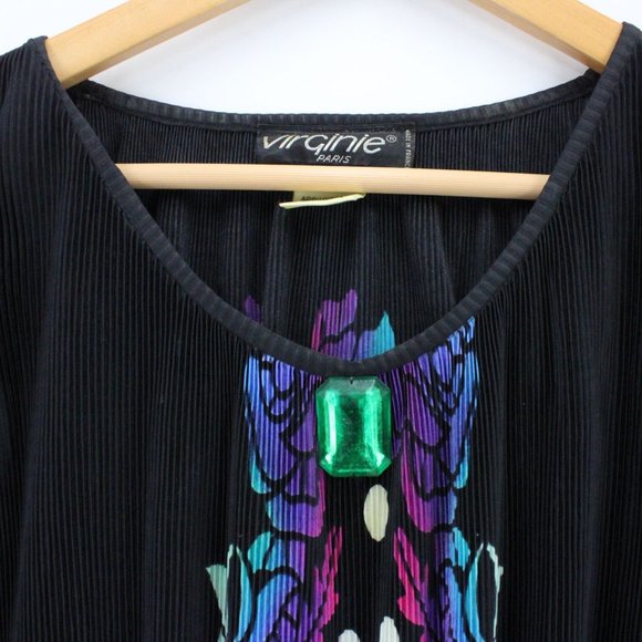 Vintage Virginie Paris Blouse Top Womens Black Art Graphic Nylon Size XL 80s - Picture 5 of 10